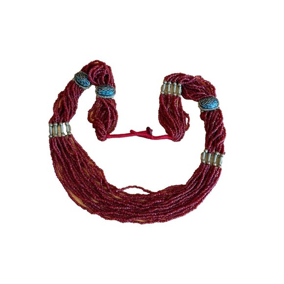 Tibetan Multi Strand Bamboo Coral Bead w/Turquoise Mosaic Inlaid Accent Necklace - Picture 2 of 8